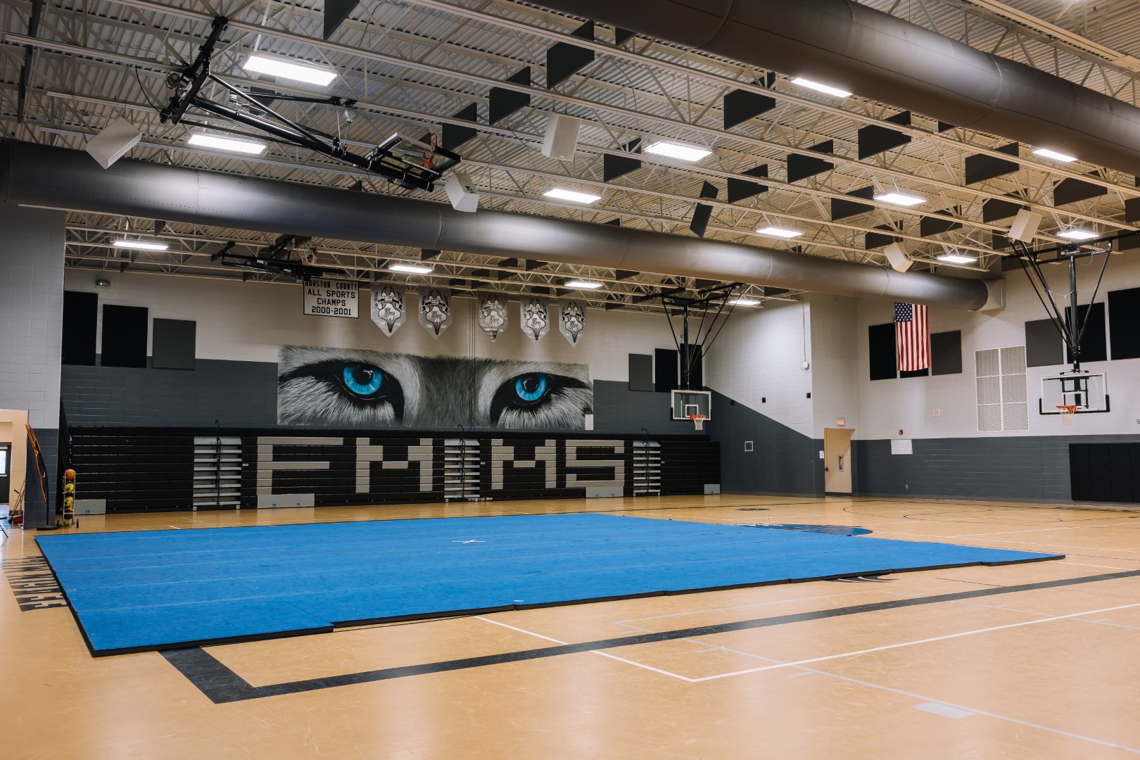 A spacious school gymnasium with tan flooring, a large blue mat in the center, bleachers, and a mural of blue animal eyes above the word EMMS. An American flag hangs on the wall to the right.