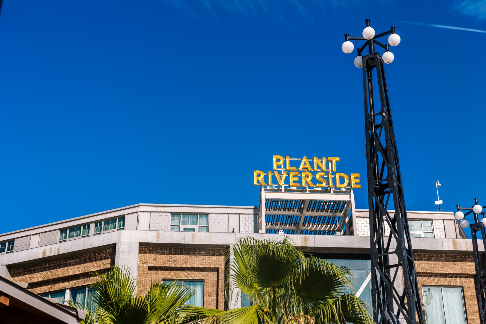 A building with large windows and a sign reading “PLANT RIVERSIDE” on the roof, set against a clear blue sky, with palm trees and decorative lamp posts in the foreground.