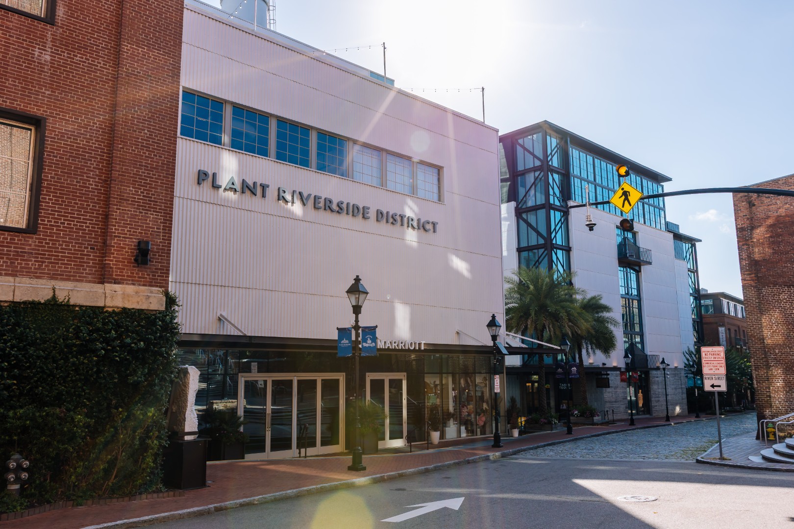 A sunny street view of the Plant Riverside District with white and glass buildings, brick walls, palm trees, street lamps, and a pedestrian crossing sign.