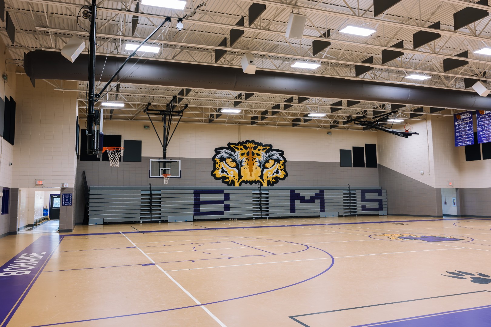 Empty school gymnasium with stadium seating, a basketball hoop, and a large wildcat mascot mural above the bleachers. The letters “B M S” are painted across the wall. The gym has bright lighting and a polished floor.