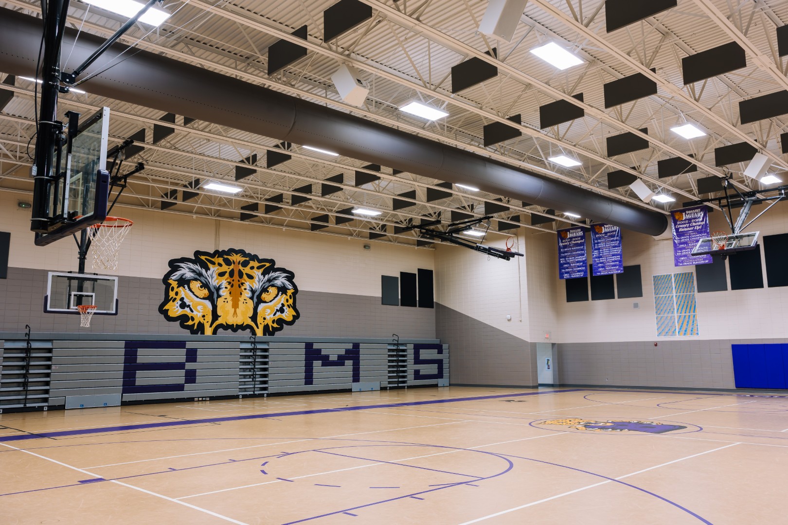 An empty school gymnasium with bleachers, a basketball hoop, a panther mascot mural on the wall, and championship banners hanging from the ceiling. The letters BMS are visible on the bleachers.